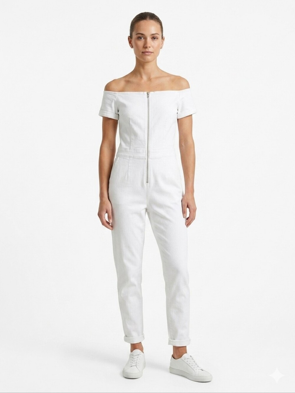 Off-Shoulder White Ruffle Jumpsuit